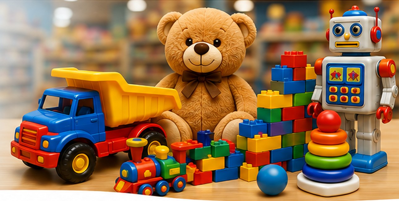 Colorful toys representing retail, brands, educational products and play